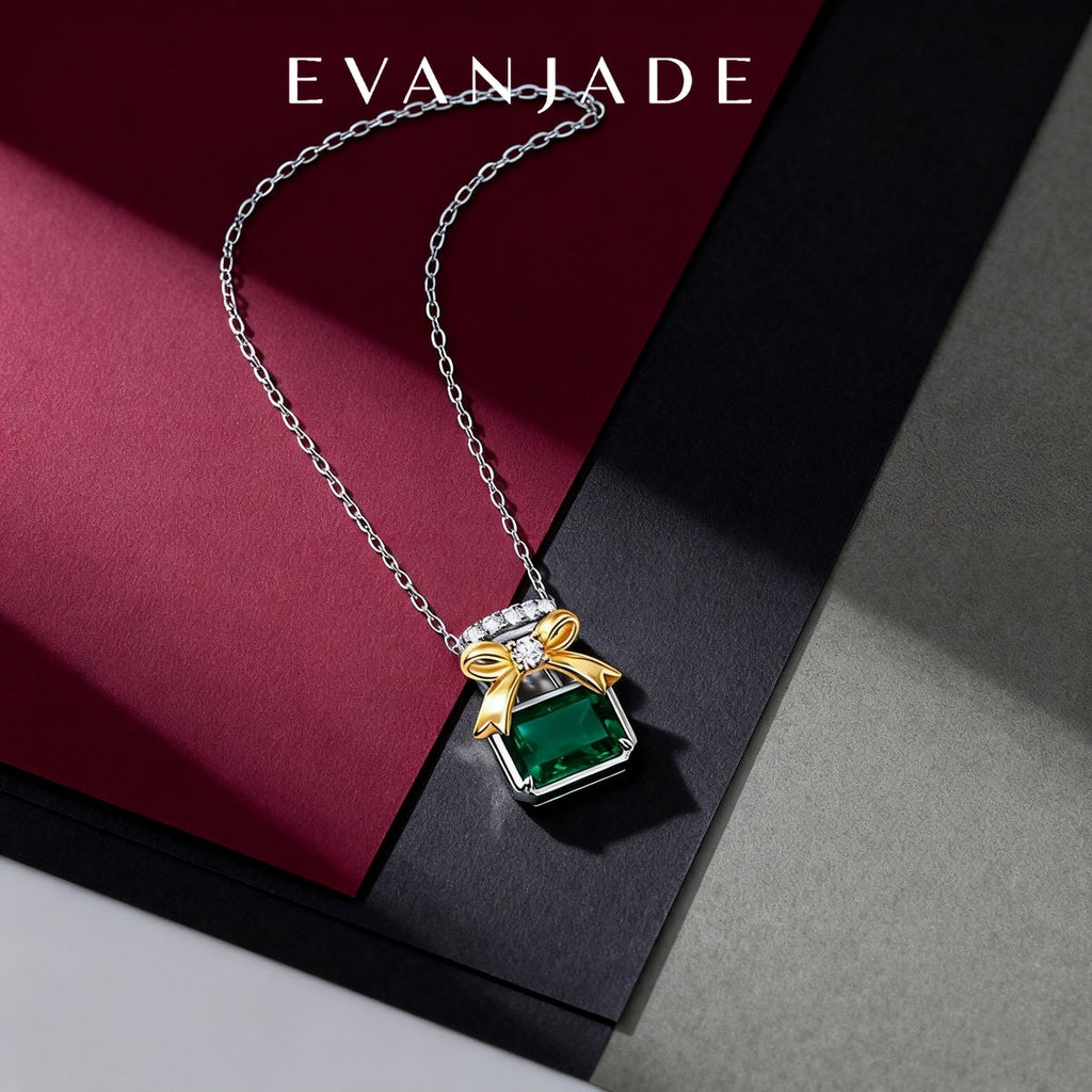 Emerald Green Gift Box Bow Silver Pendant Necklace Seedream product image 1