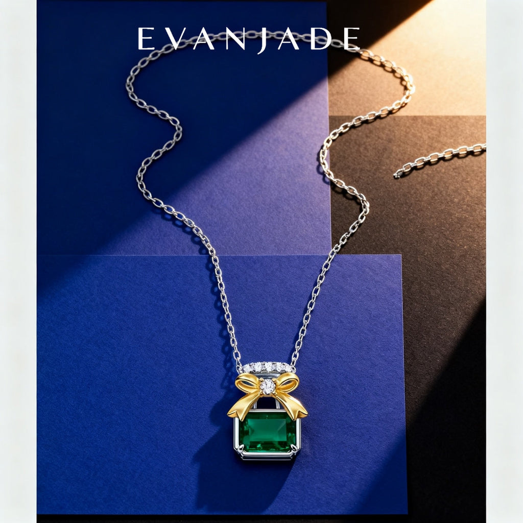 Emerald Green Gift Box Bow Silver Pendant Necklace Seedream product image 2