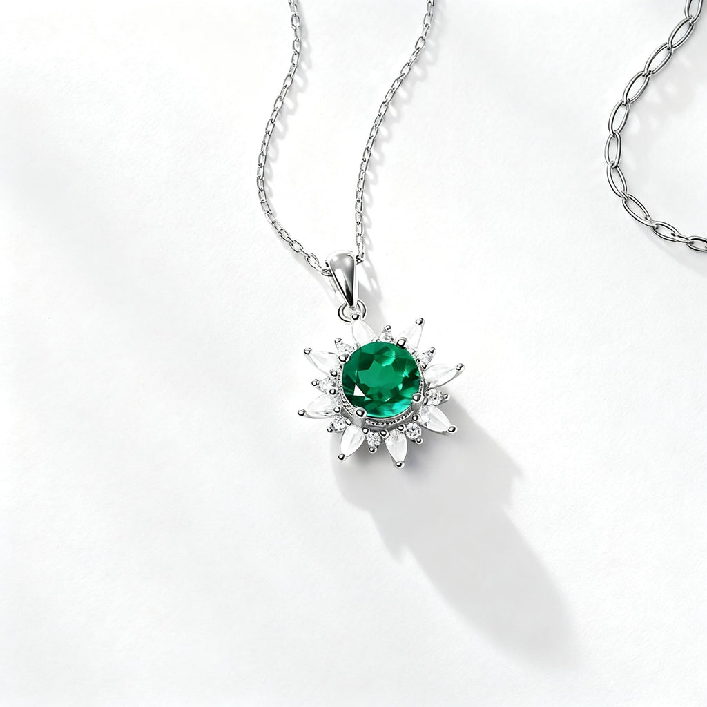 Emerald Green Sunflower Pendant Necklace in S925 Silver white background product image