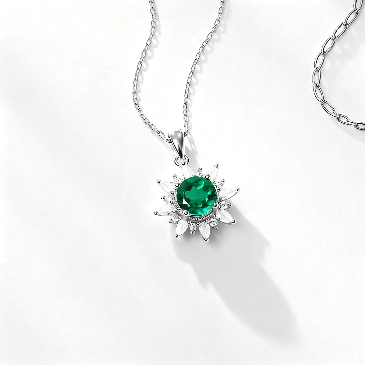 Emerald Green Sunflower Pendant Necklace in S925 Silver white background product image