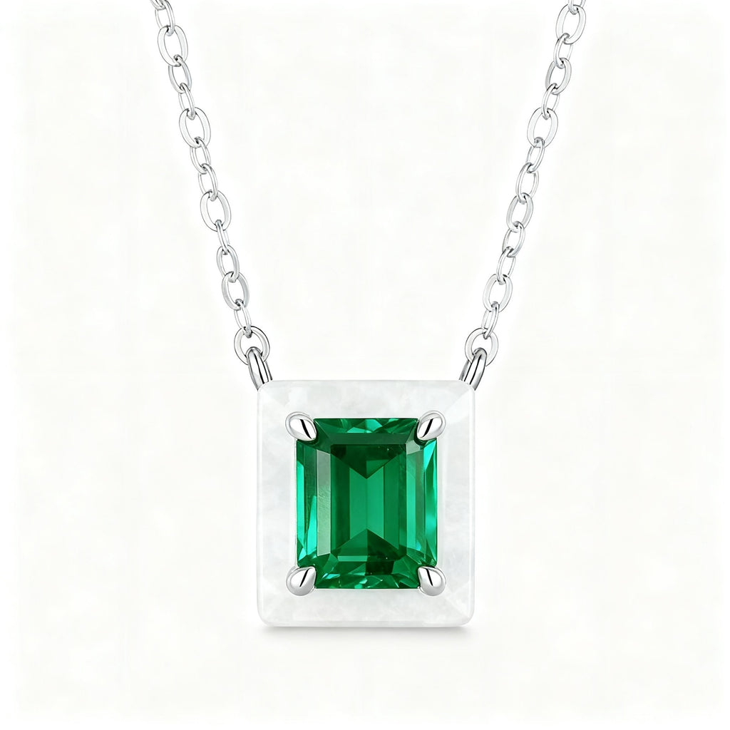 Rectangular Emerald Halo Long Necklace in S925 Silver white background product image