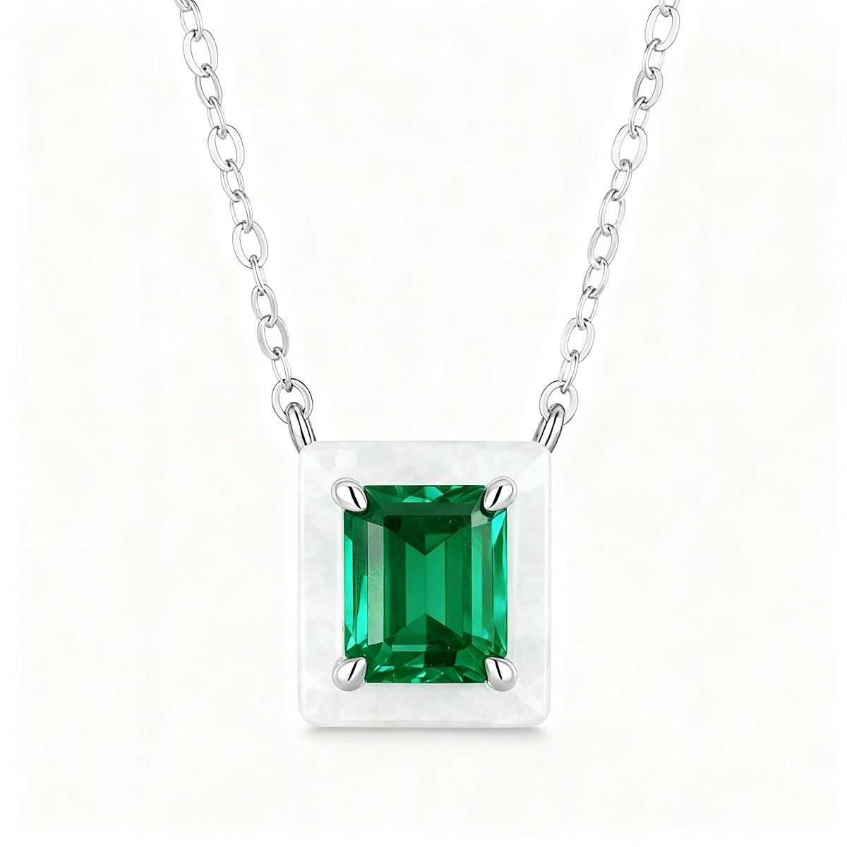 Rectangular Emerald Halo Long Necklace in S925 Silver white background product image