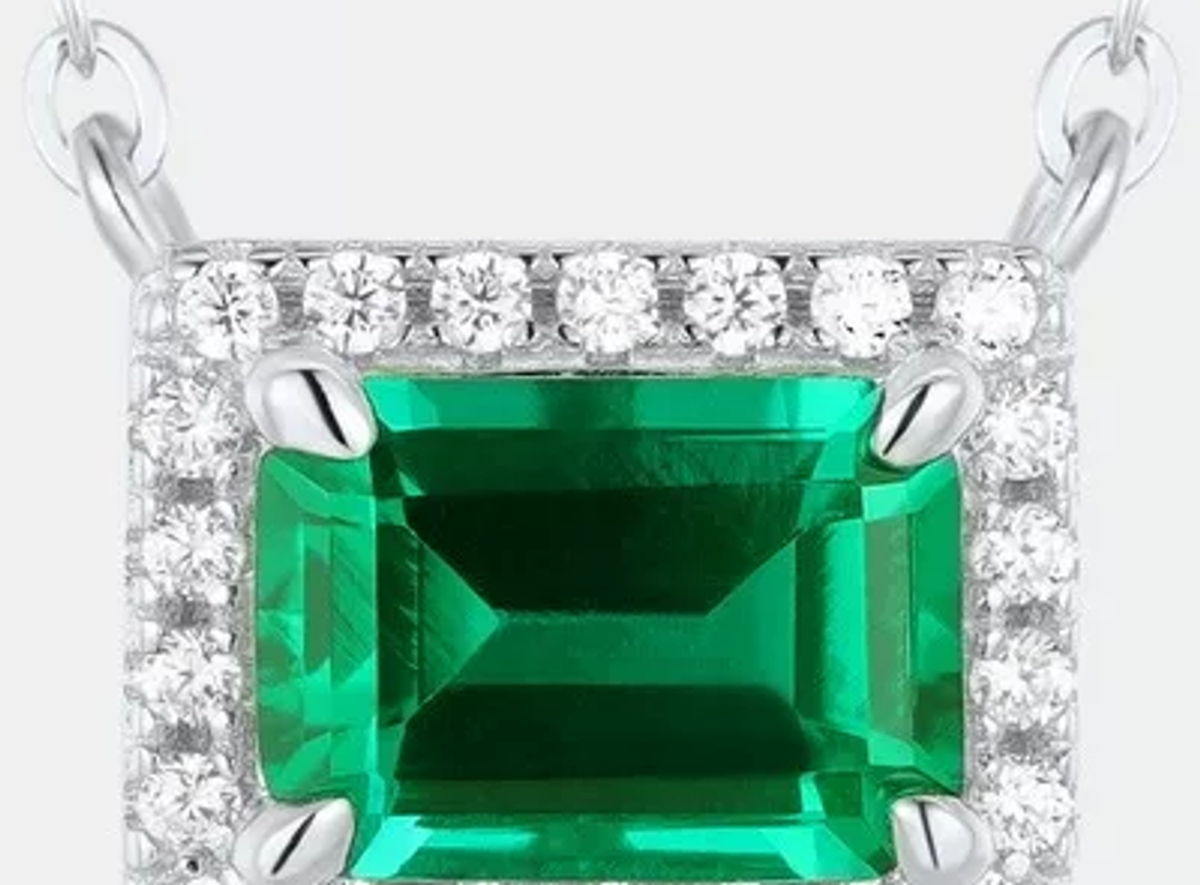 Rectangular Emerald Halo Long Necklace in S925 Silver pendant close-up detail
