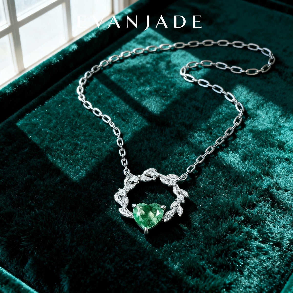 Green Heart Gemstone Silver Leaf Wreath Necklace Seedream product image 4