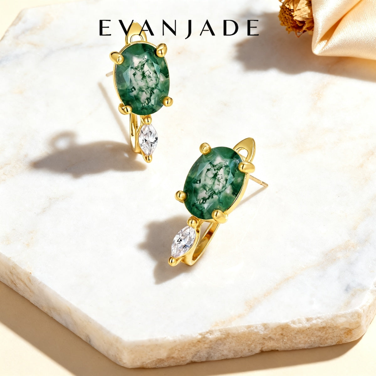 Green Moss Agate Oval Gold Drop Stud Earrings Seedream product image 1