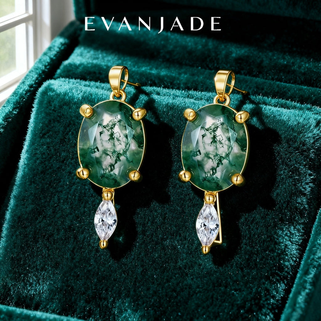 Green Moss Agate Oval Gold Drop Stud Earrings Seedream product image 2