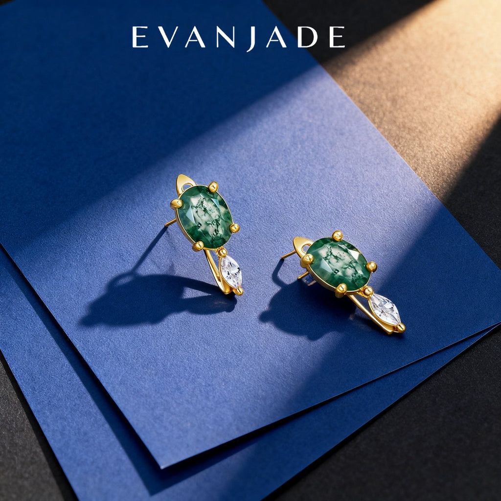 Green Moss Agate Oval Gold Drop Stud Earrings Seedream product image 3