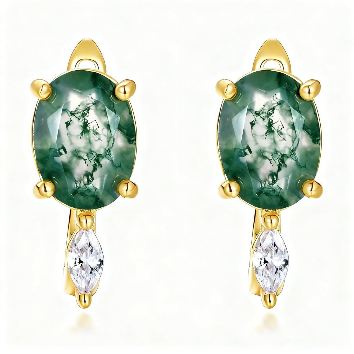Green Moss Agate Oval Drop Stud Earrings in Gold-Tone S925 Silver white background product image