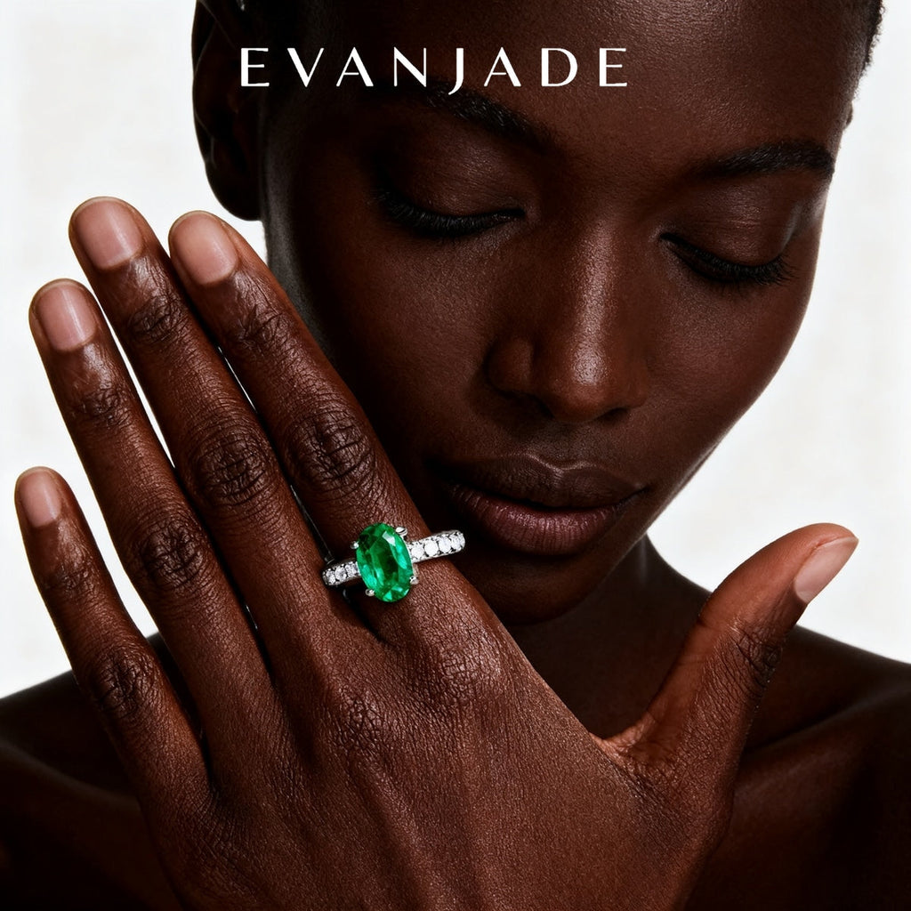 Green Oval Emerald Silver Pave Open Ring Seedream product image 1