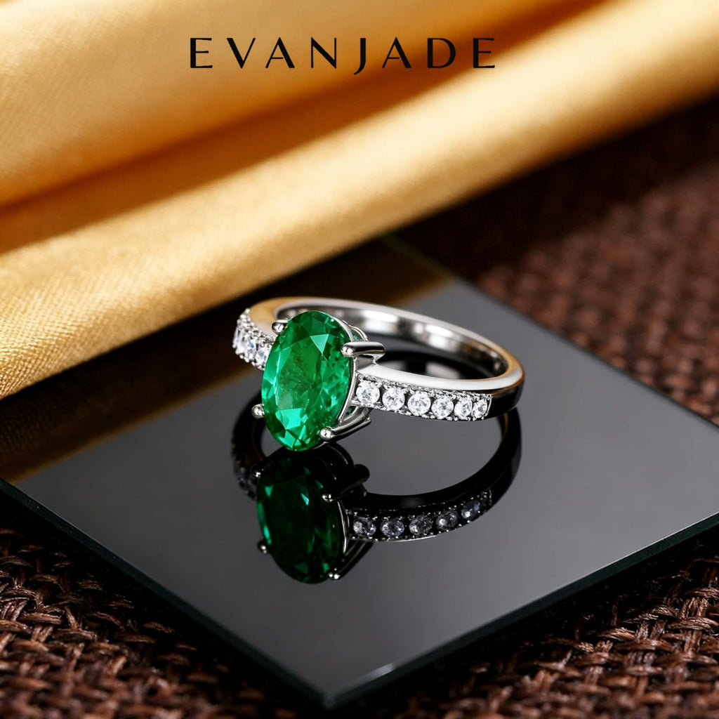 Green Oval Emerald Silver Pave Open Ring Seedream product image 2