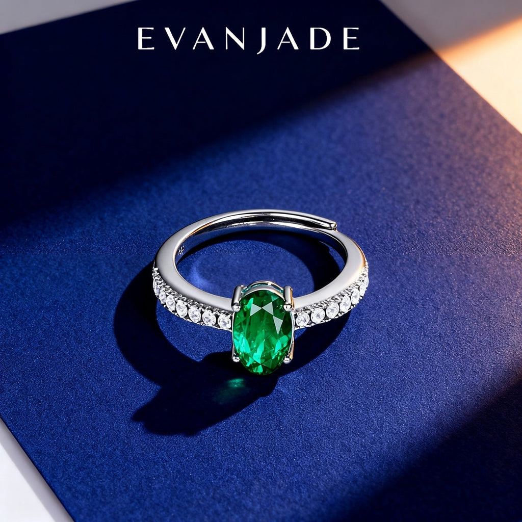 Green Oval Emerald Silver Pave Open Ring Seedream product image 4