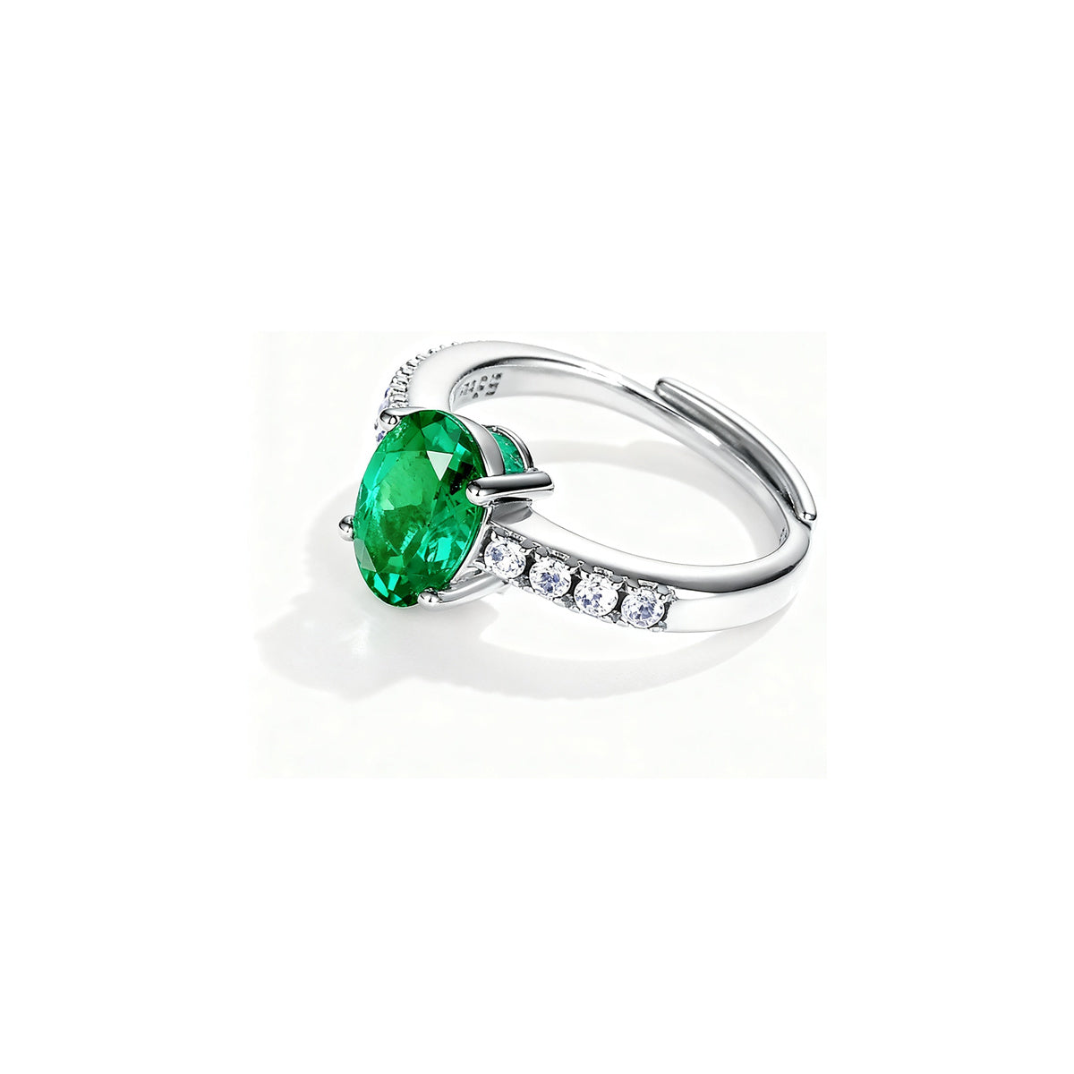 Green Oval Emerald Pave Open Ring in S925 Silver white background product hero