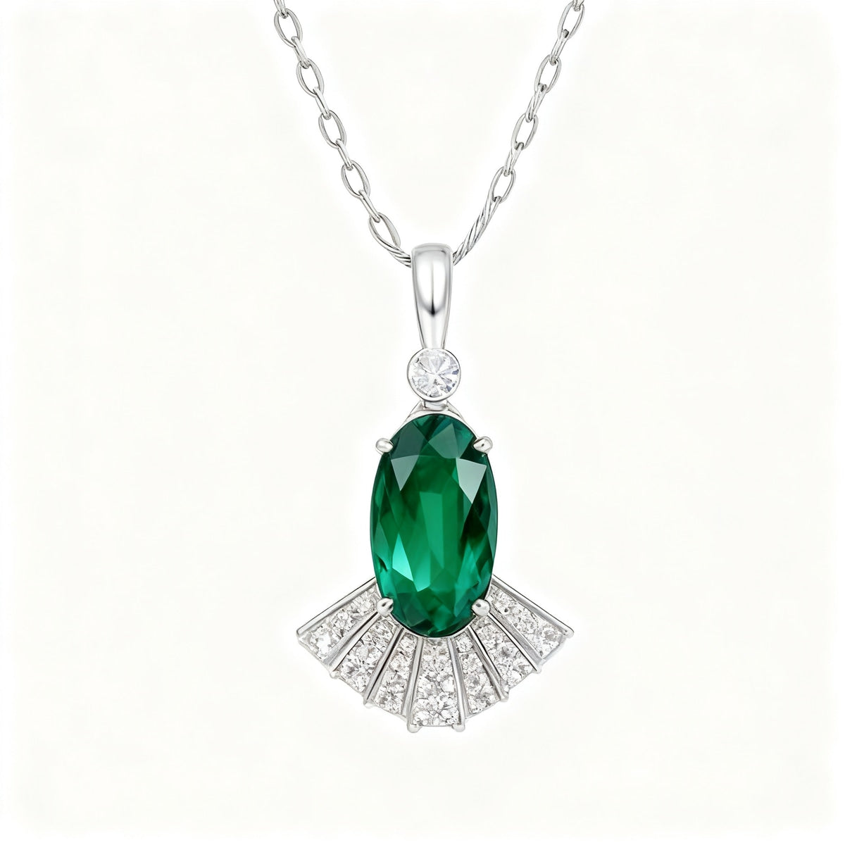 Green Oval Fan Dress Pendant Necklace in S925 Silver white background product hero