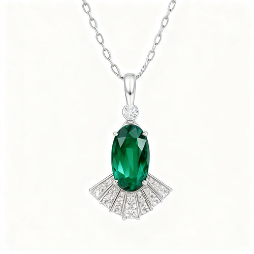 Green Oval Fan Dress Pendant Necklace in S925 Silver white background product hero