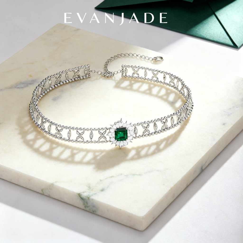 Green Square Gemstone Silver Openwork Choker Necklace Seedream product image 1