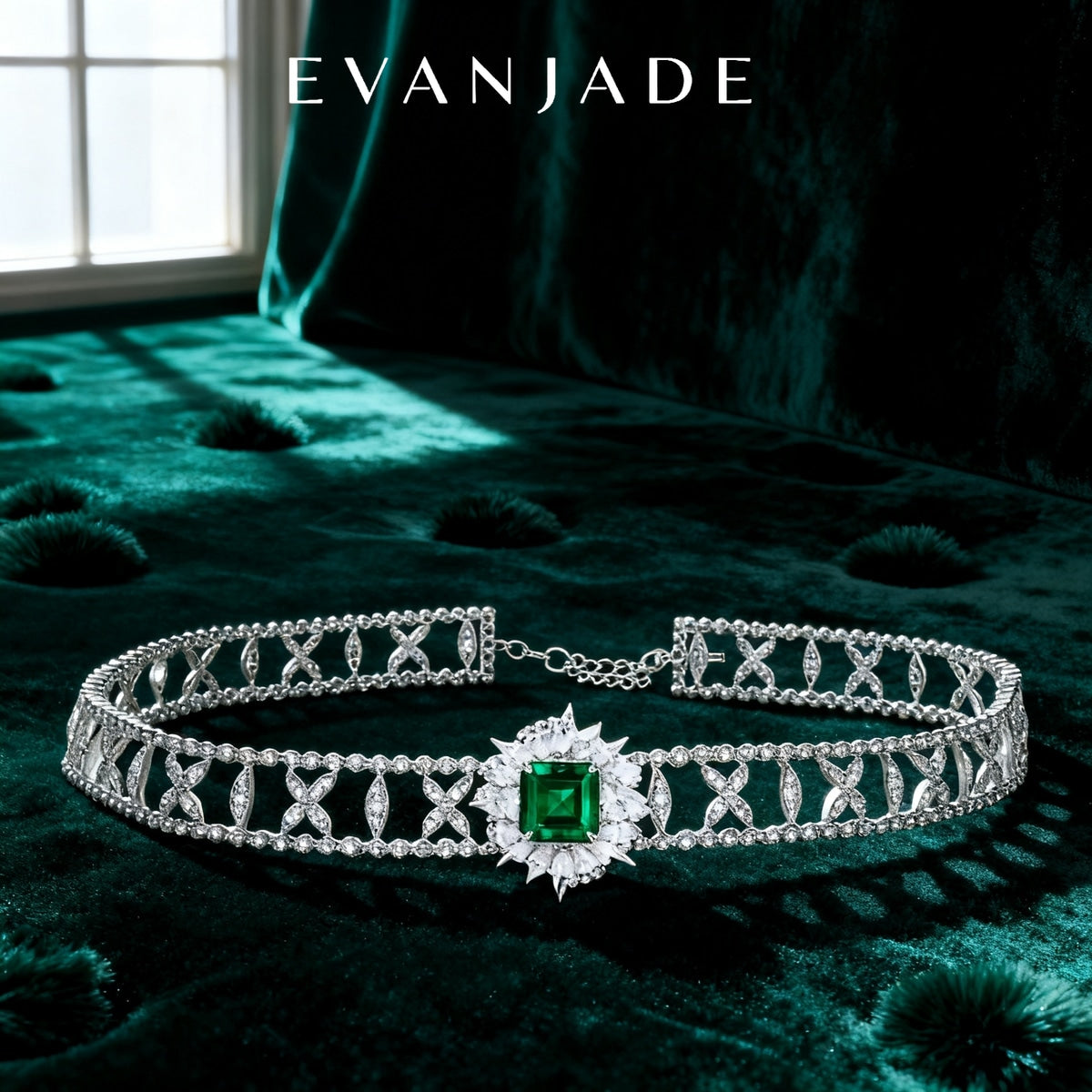 Green Square Gemstone Silver Openwork Choker Necklace Seedream product image 2
