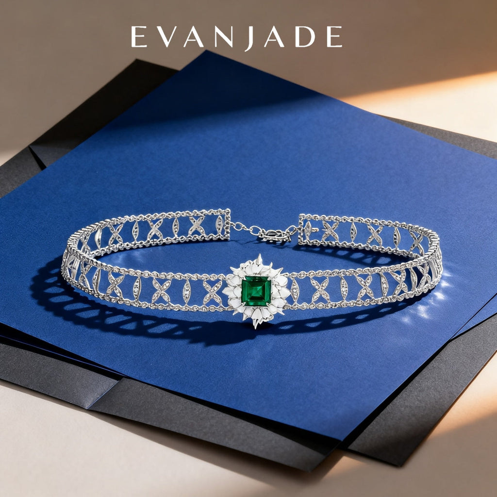 Green Square Gemstone Silver Openwork Choker Necklace Seedream product image 3