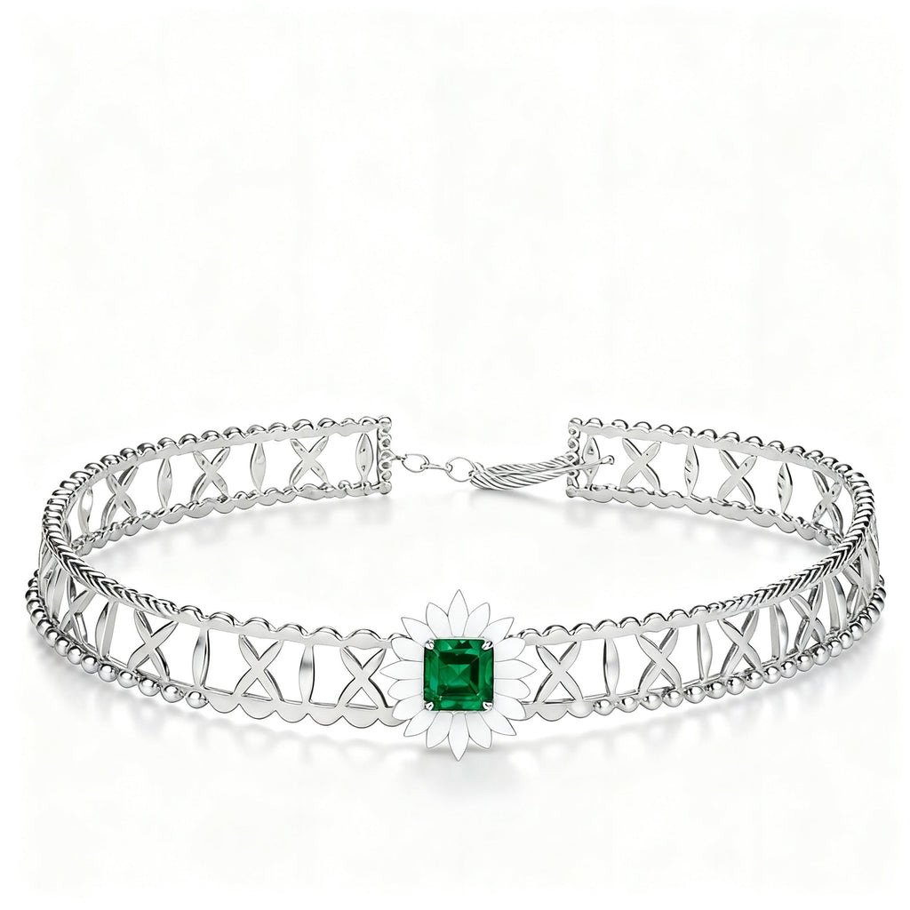 Green Square Gemstone Openwork Choker Necklace in S925 Silver white background product hero