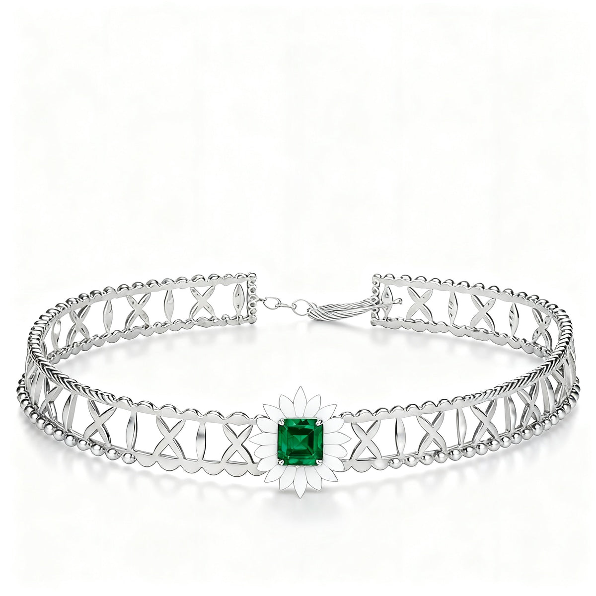Green Square Gemstone Openwork Choker Necklace in S925 Silver white background product hero