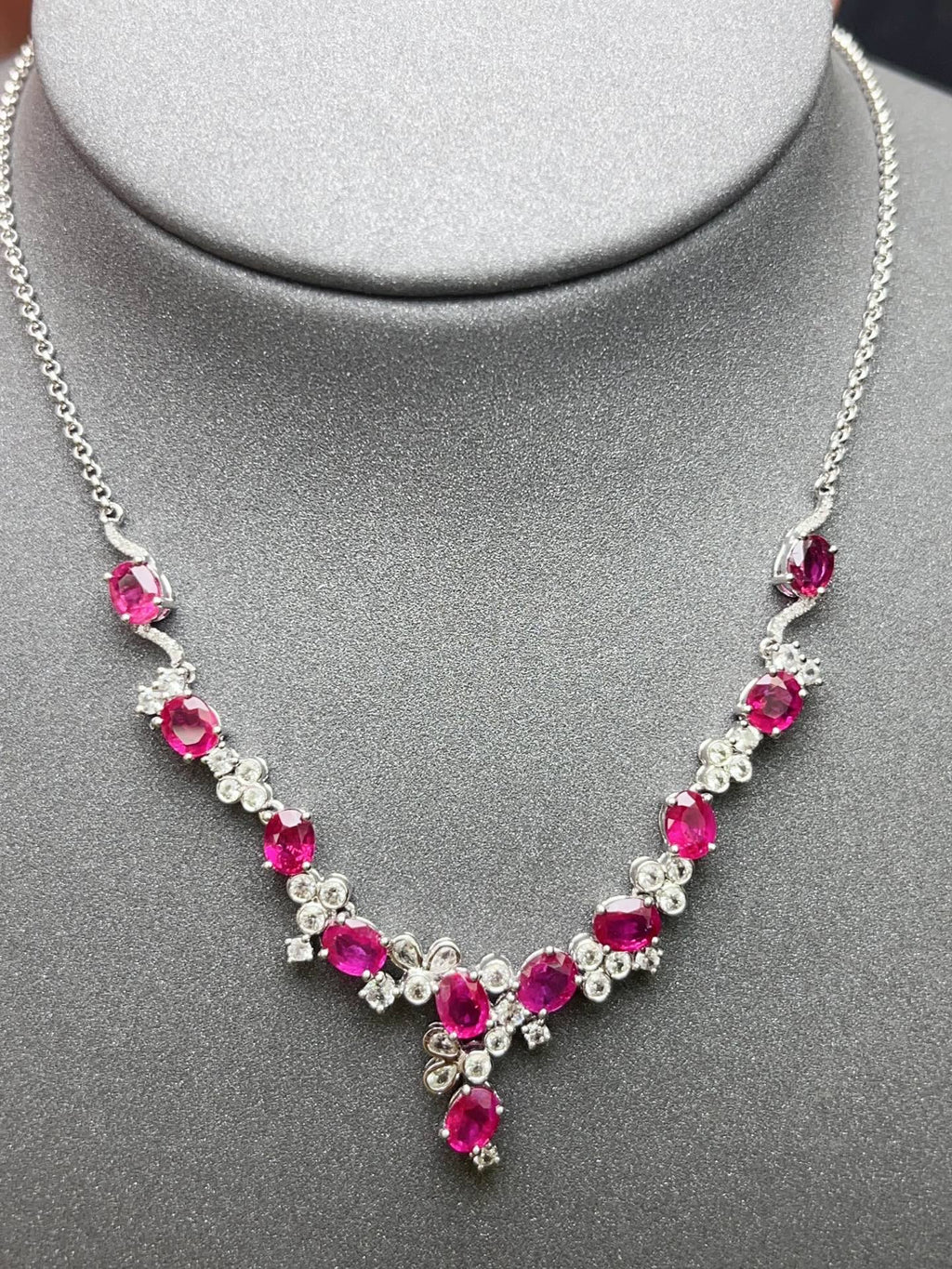 Burmese Ruby Necklace in 18K Gold, Diamond Accent, Sapphire Accent