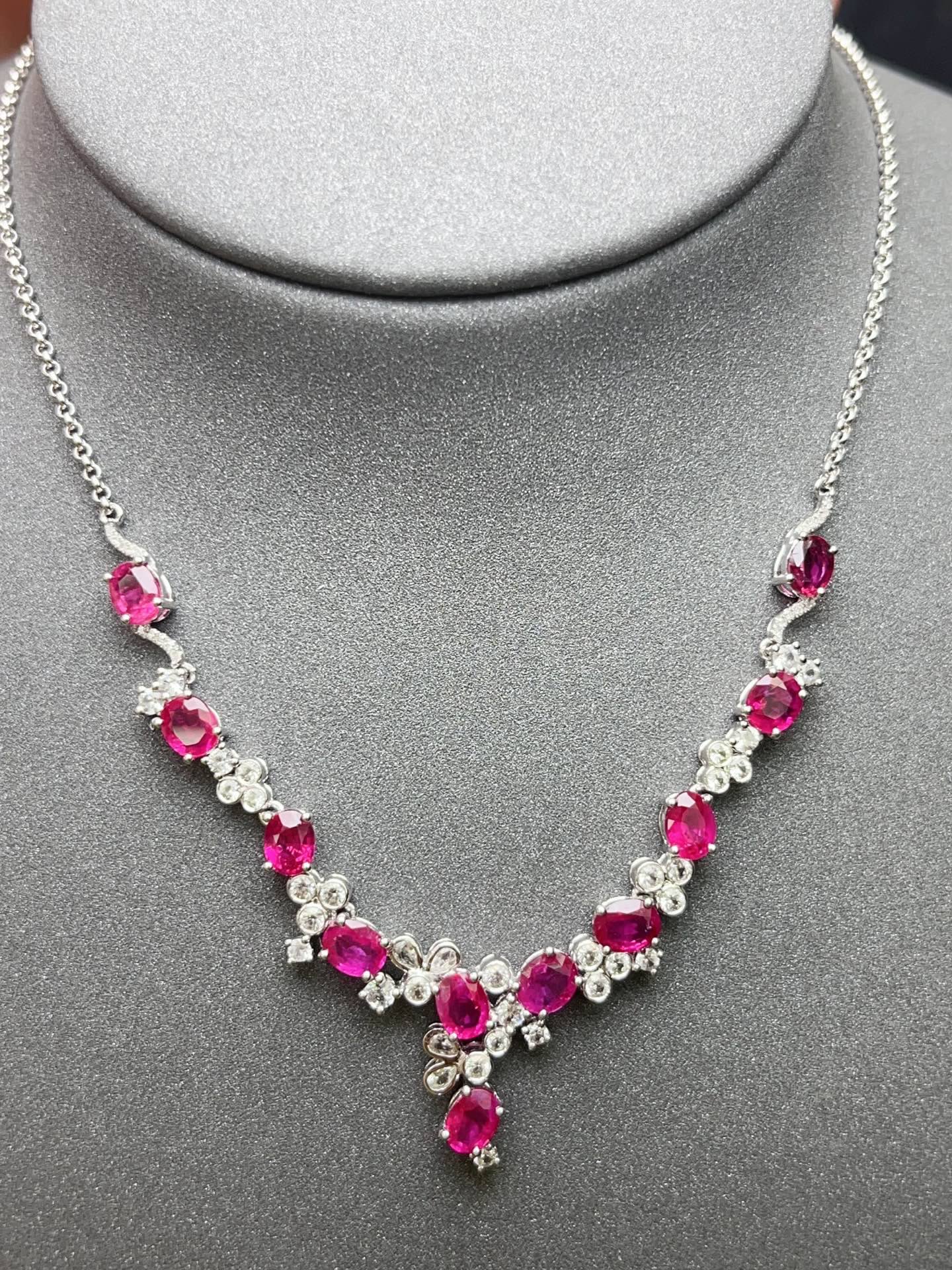 Burmese Ruby Necklace in 18K Gold, Diamond Accent, Sapphire Accent