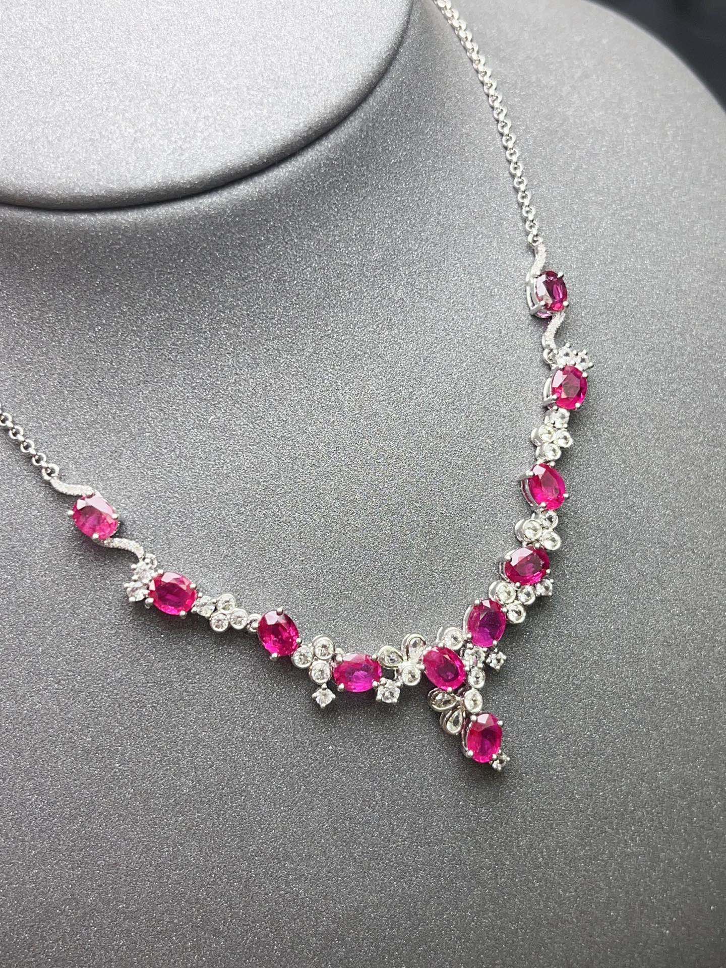 Burmese Ruby Necklace in 18K Gold, Diamond Accent, Sapphire Accent