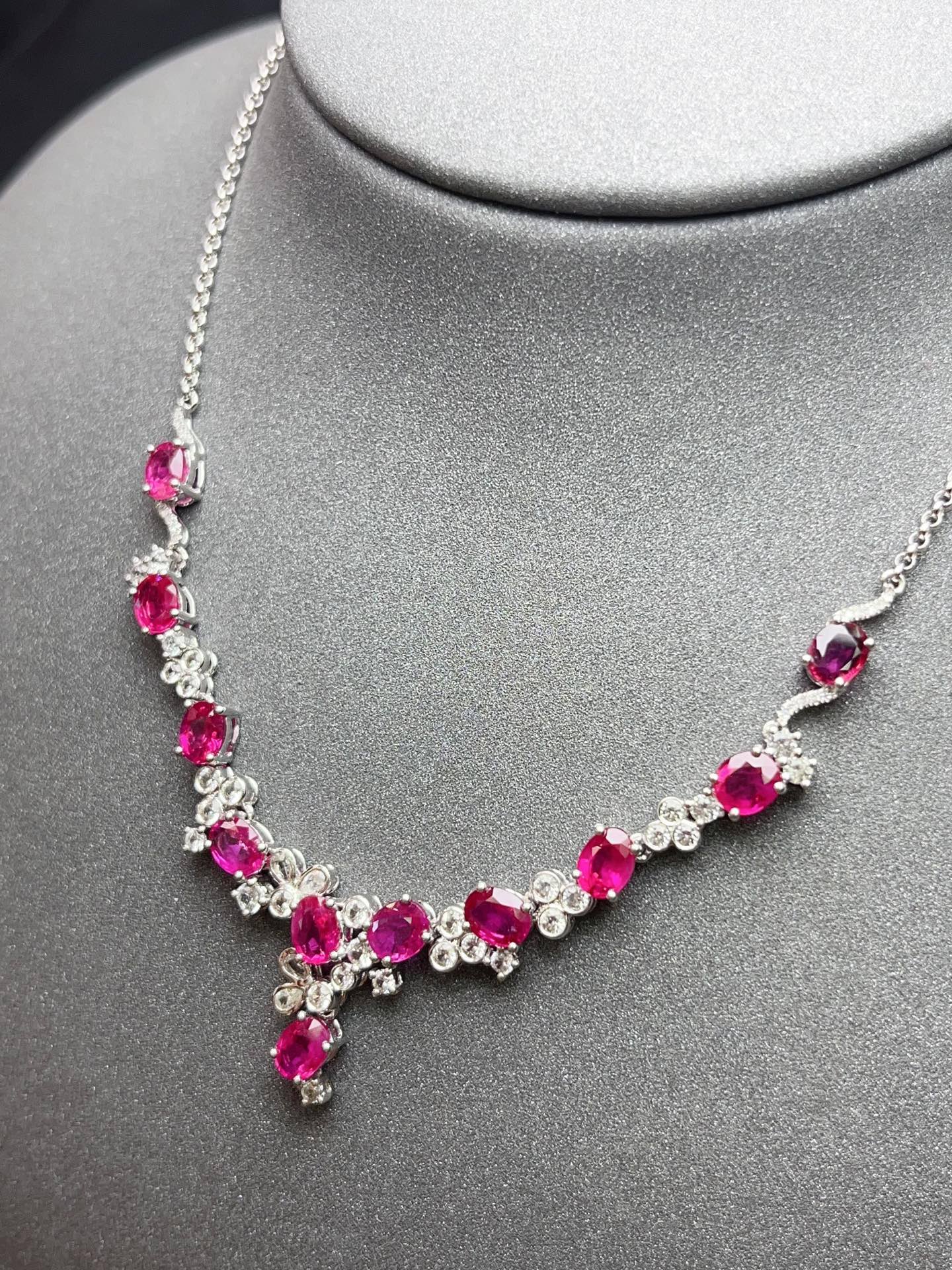 Burmese Ruby Necklace in 18K Gold, Diamond Accent, Sapphire Accent