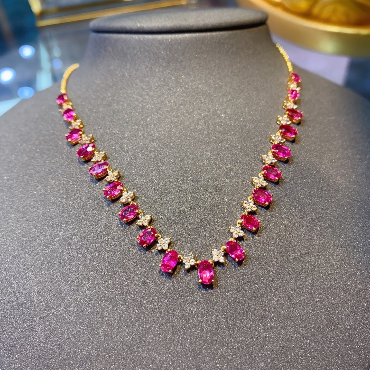 Unheated Ruby Necklace in 18K Gold, Sapphire Accent