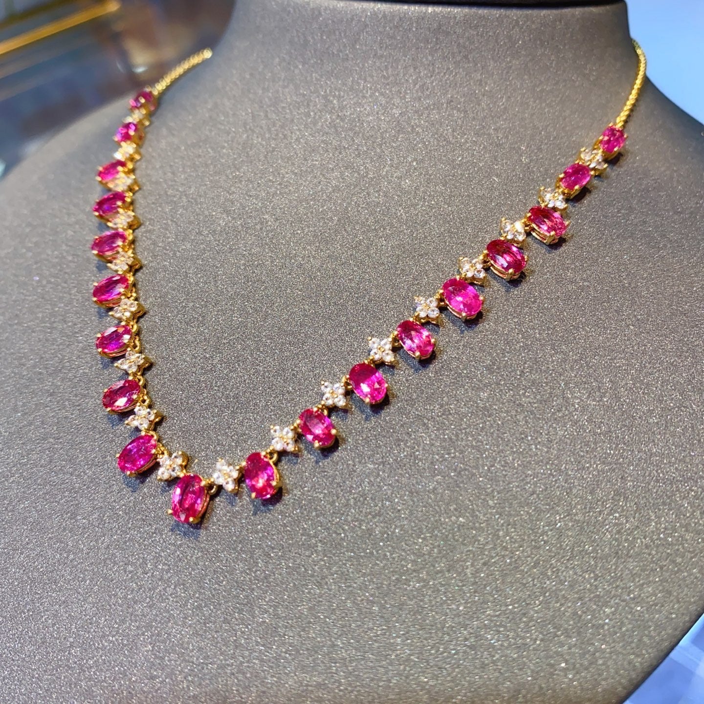 Unheated Ruby Necklace in 18K Gold, Sapphire Accent