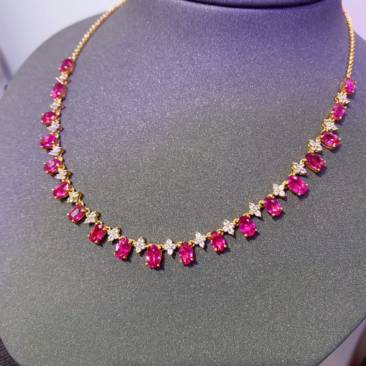 Unheated Ruby Necklace in 18K Gold, Sapphire Accent