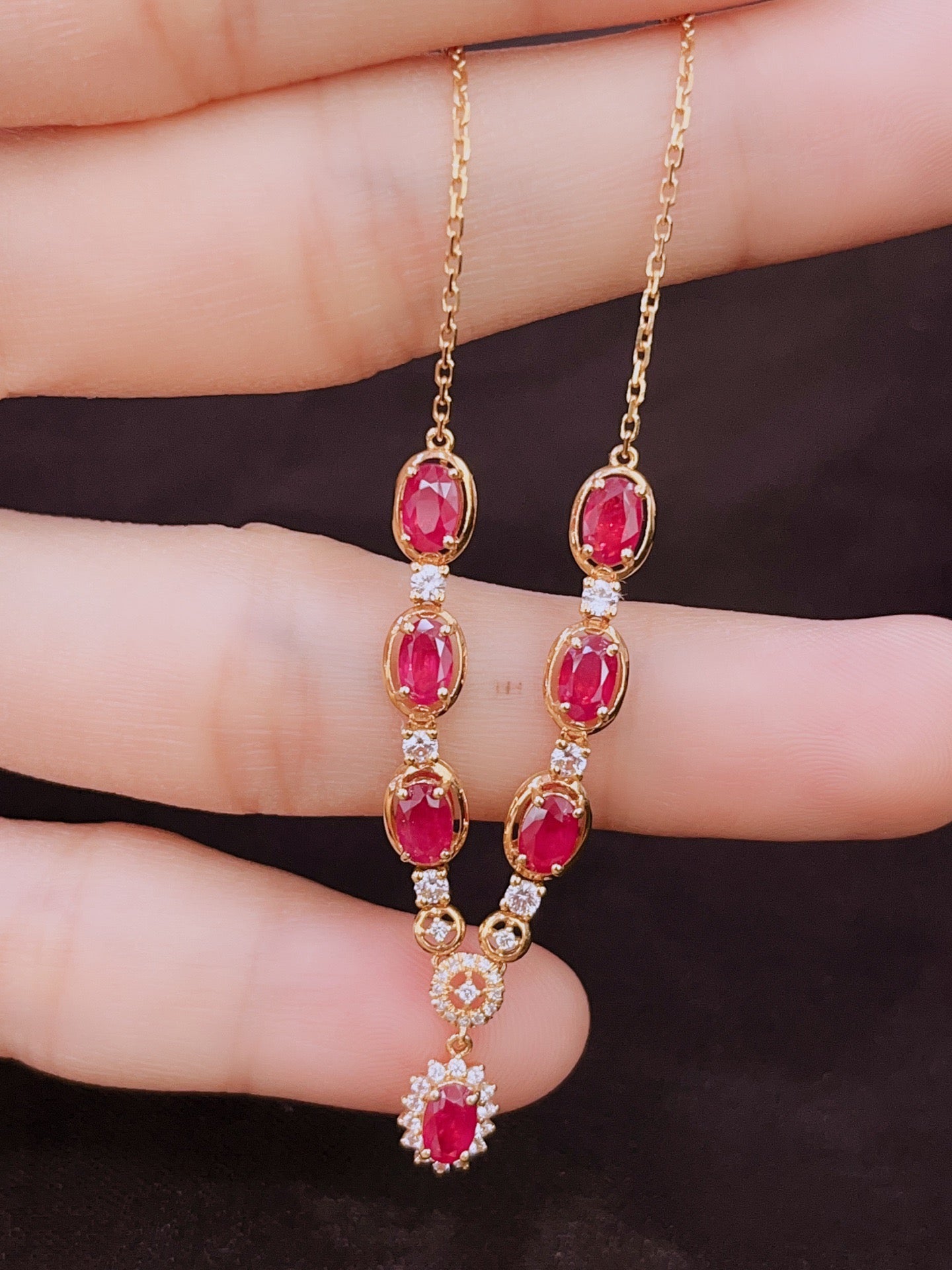 Natural Ruby Necklace in 18K Gold, Diamond Accent, Sapphire Accent