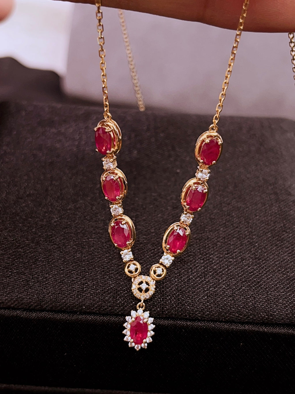 Natural Ruby Necklace in 18K Gold, Diamond Accent, Sapphire Accent