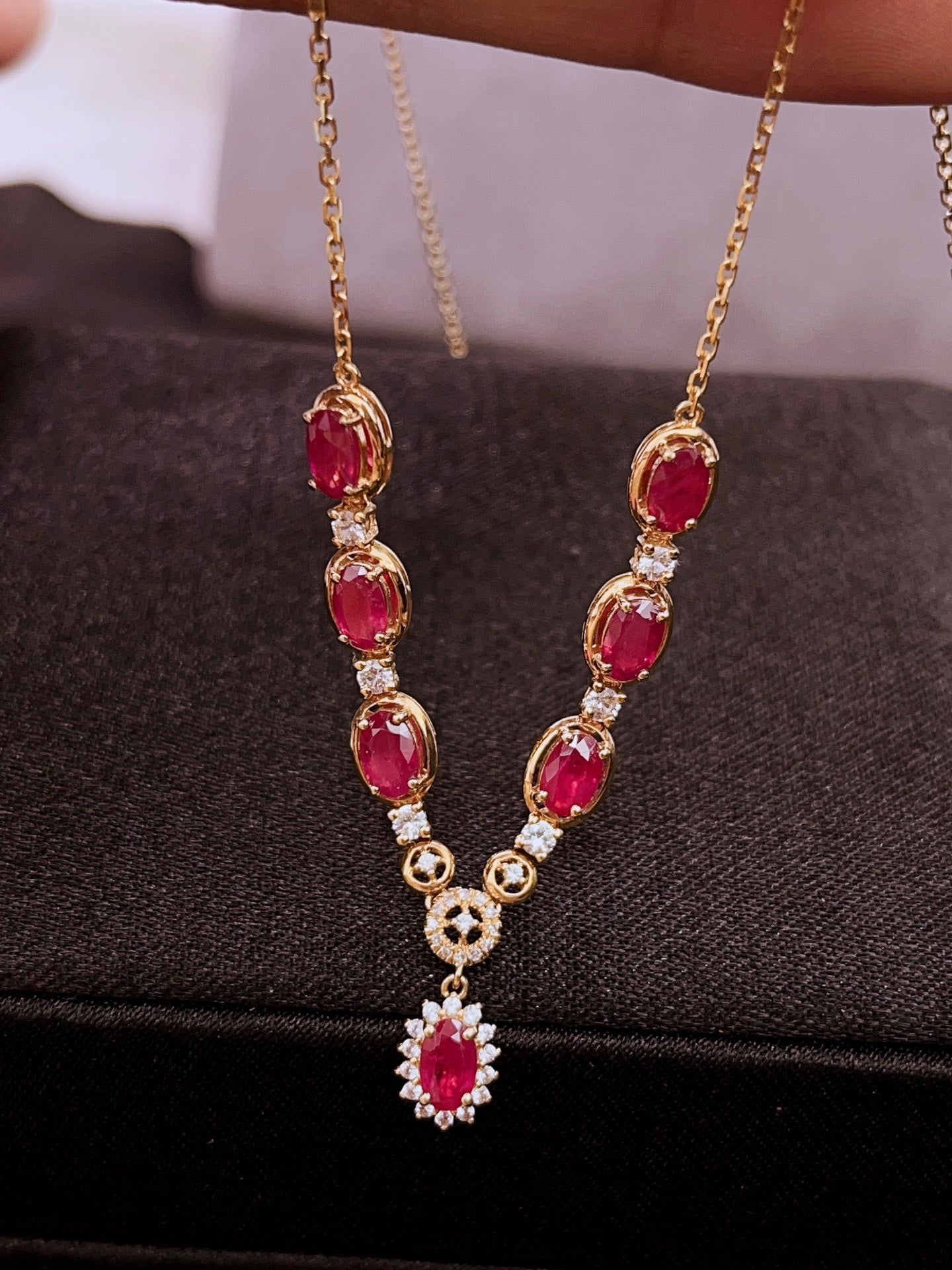Natural Ruby Necklace in 18K Gold, Diamond Accent, Sapphire Accent