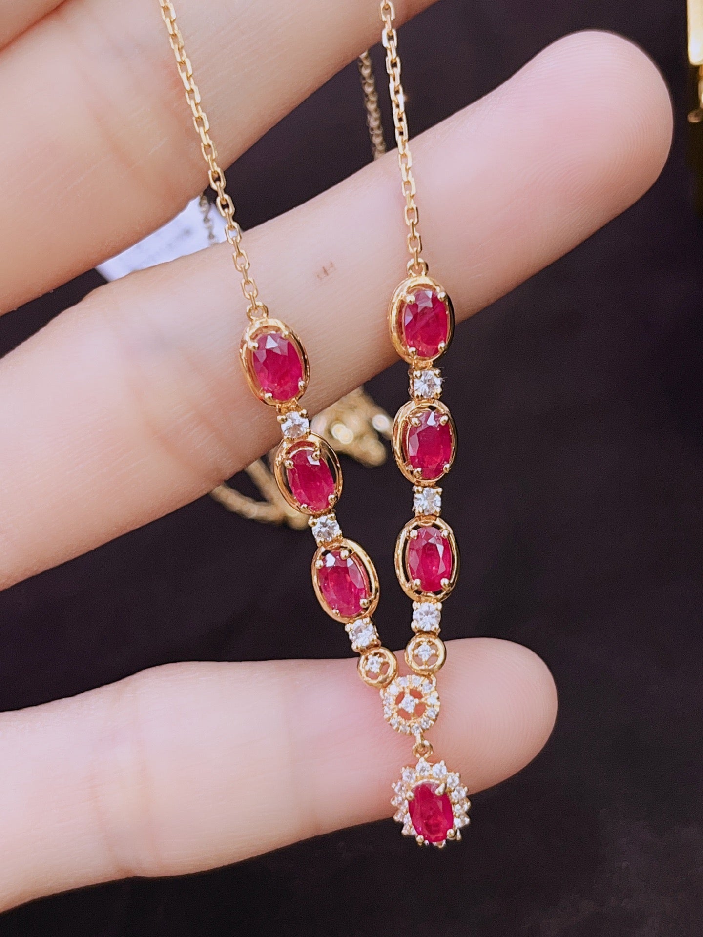 Natural Ruby Necklace in 18K Gold, Diamond Accent, Sapphire Accent
