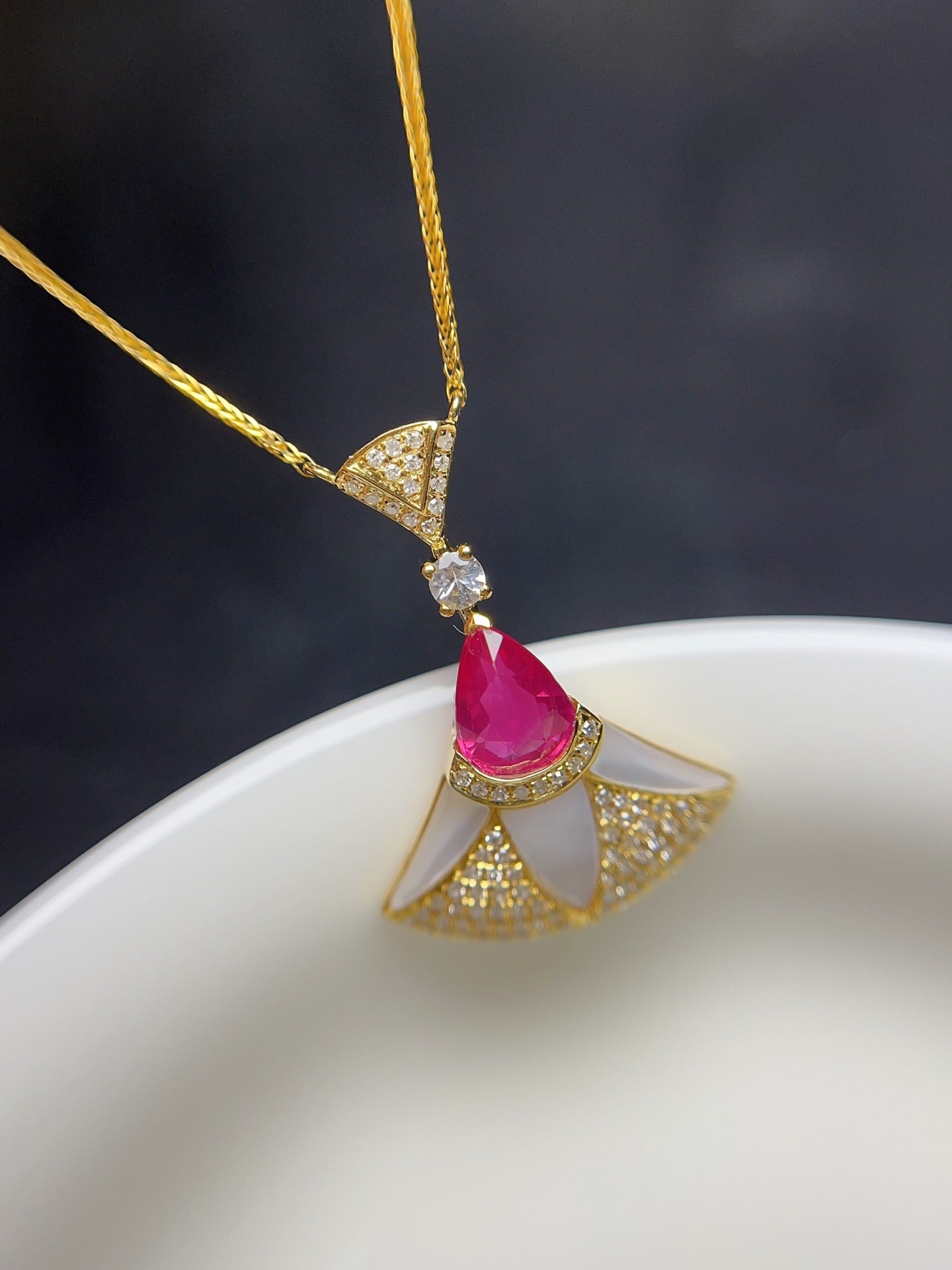 Unheated Ruby Necklace in 18K Gold, Diamond Accent, Sapphire Accent