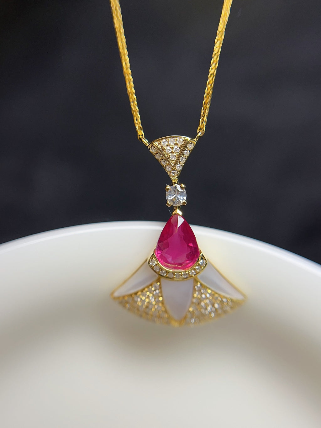 Unheated Ruby Necklace in 18K Gold, Diamond Accent, Sapphire Accent