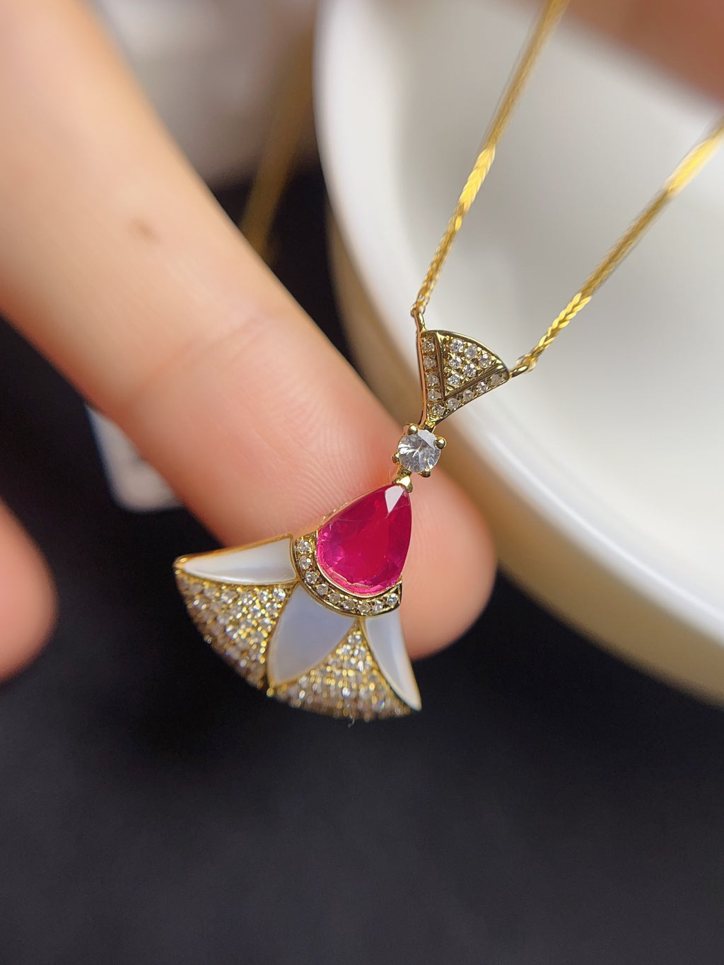 Unheated Ruby Necklace in 18K Gold, Diamond Accent, Sapphire Accent