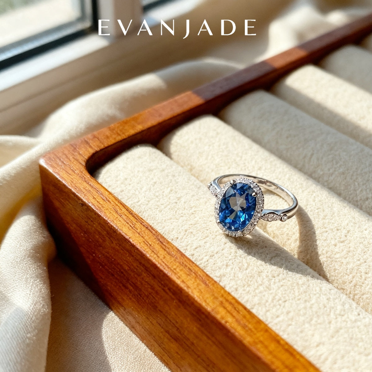 Oval Blue Sapphire Diana Halo Silver Ring Seedream product image 1