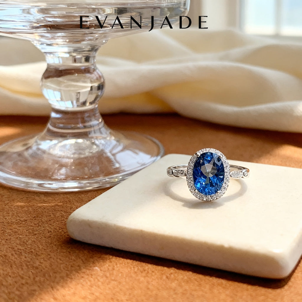 Oval Blue Sapphire Diana Halo Silver Ring Seedream product image 2