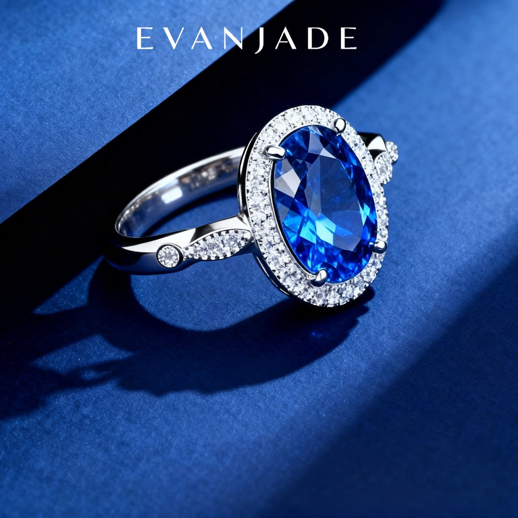 Oval Blue Sapphire Diana Halo Silver Ring Seedream product image 5
