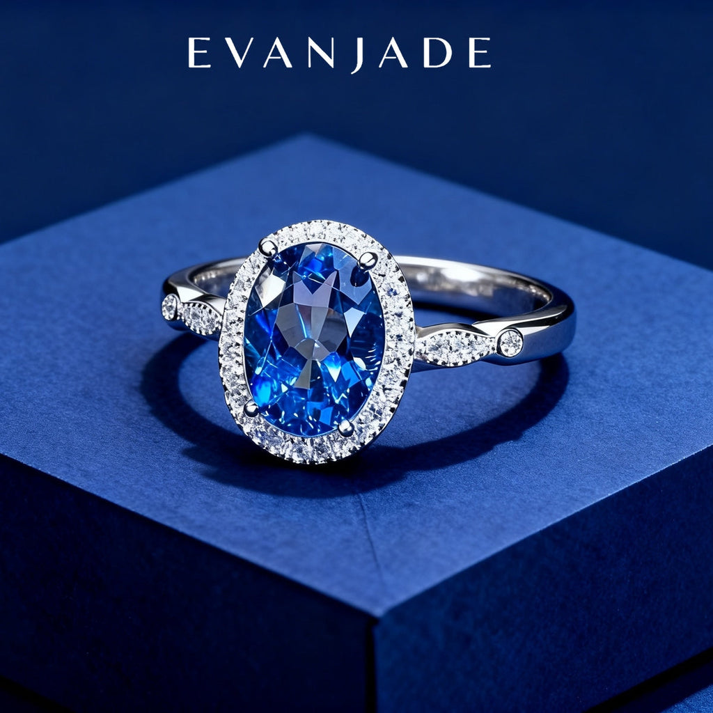 Oval Blue Sapphire Diana Halo Silver Ring Seedream product image 6