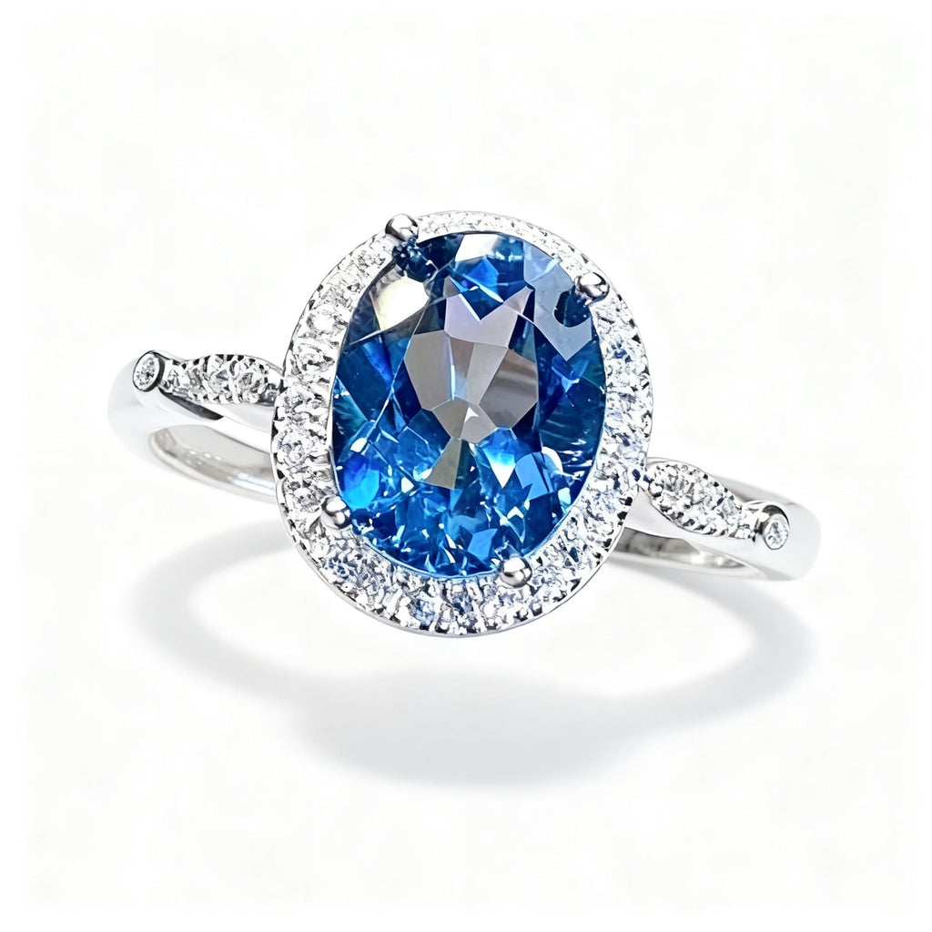 Oval Blue Sapphire Diana Halo Ring in S925 Silver white background product hero
