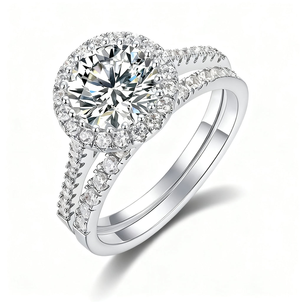 Round Moissanite Halo Split Shank Ring in S925 Silver white background product image