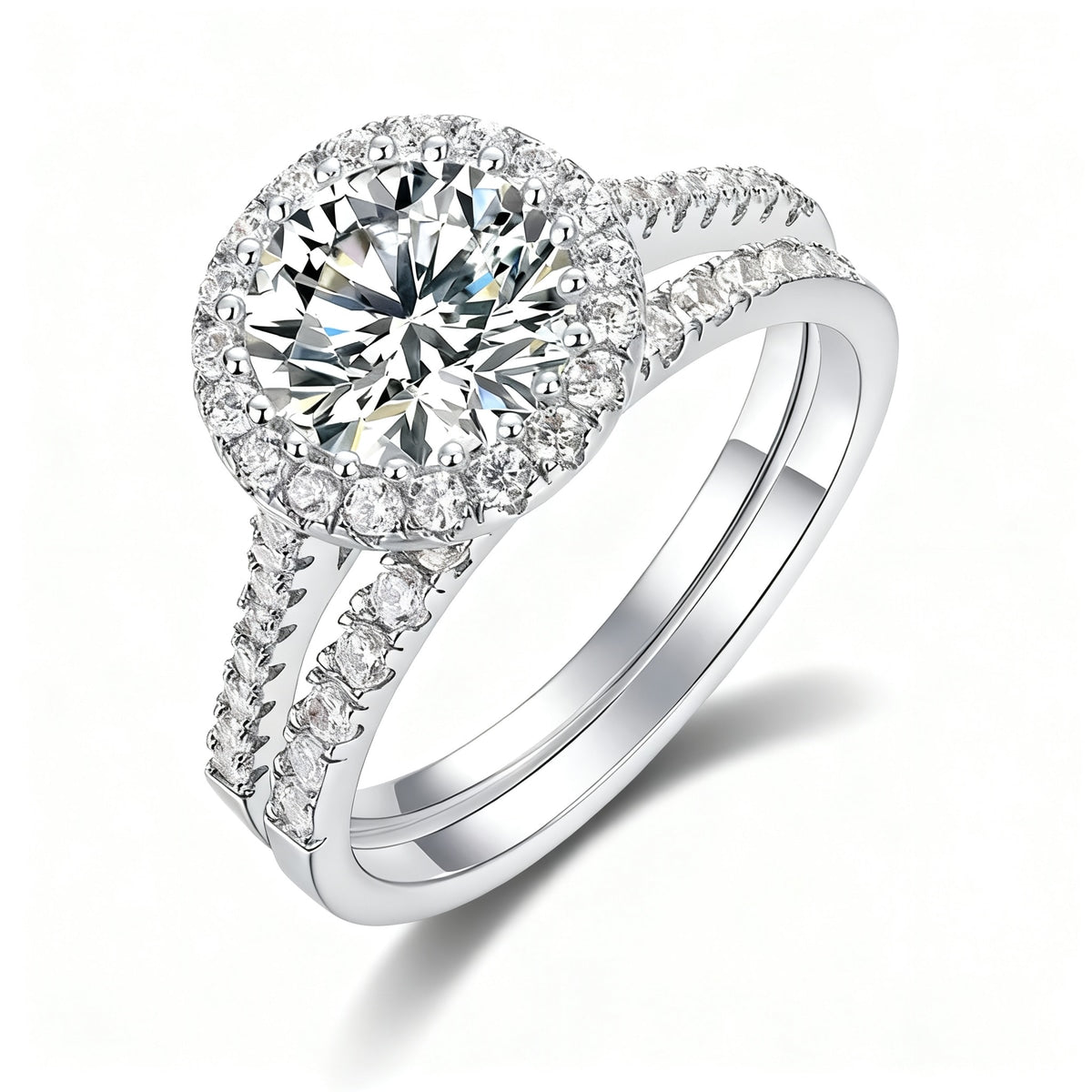 Round Moissanite Halo Split Shank Ring in S925 Silver white background product image