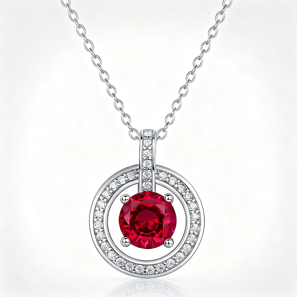 Round Ruby Circle Halo Pendant Necklace in S925 Silver white background product image