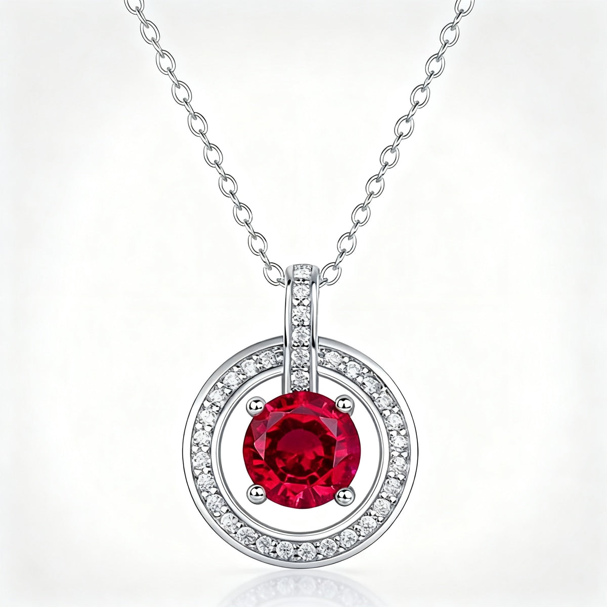 Round Ruby Circle Halo Pendant Necklace in S925 Silver white background product image