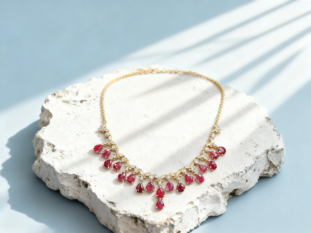 Burmese Ruby Necklace in 18K Gold, Diamond Accent