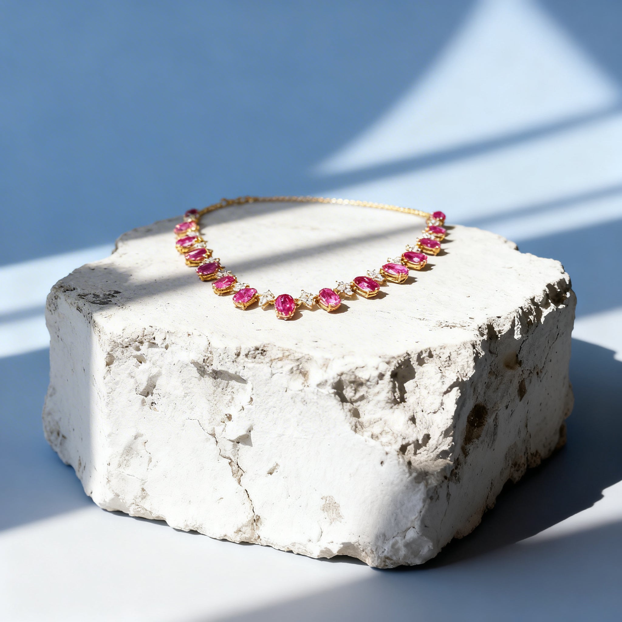 Unheated Ruby Necklace in 18K Gold, Sapphire Accent