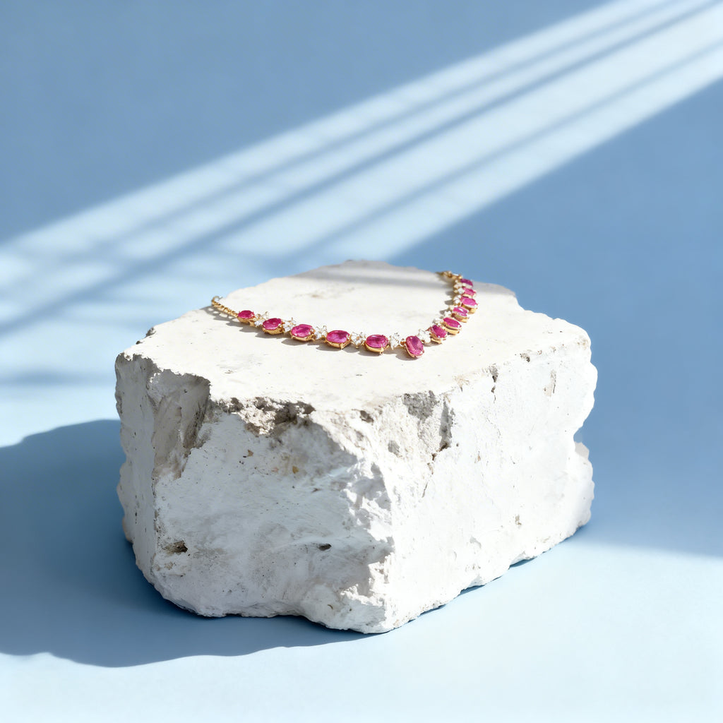 Unheated Ruby Necklace in 18K Gold, Sapphire Accent