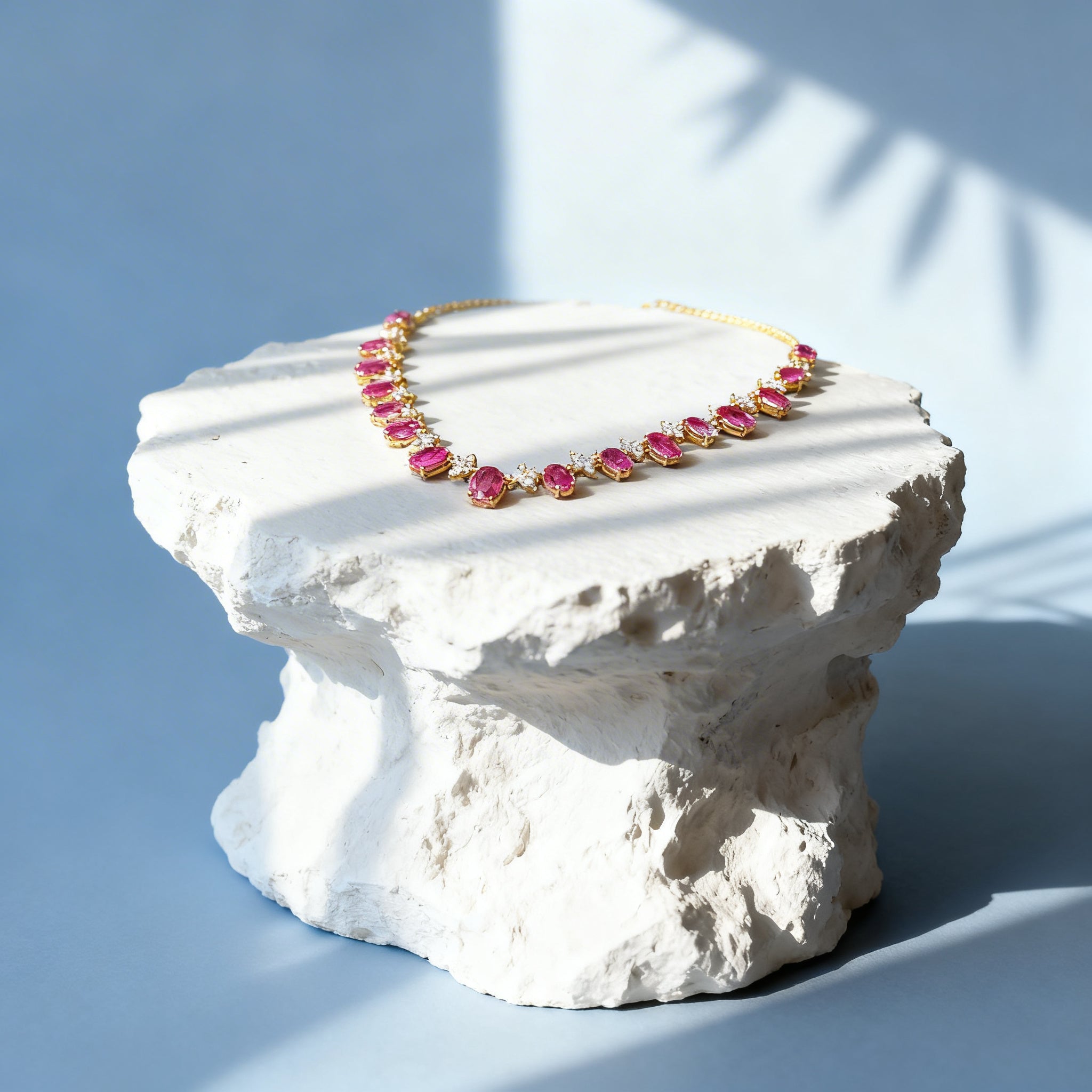 Unheated Ruby Necklace in 18K Gold, Sapphire Accent